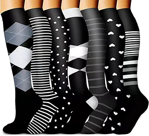 7 Paar kompressionsstrümpfe für Damen und Herren, 15-20 mmHg ist am besten Flug, Sport, Reisen,Laufen, Bunte Kompressionssocken Stützstrümpfe für Krankenschwester, Schwangere, Mutterschaft
