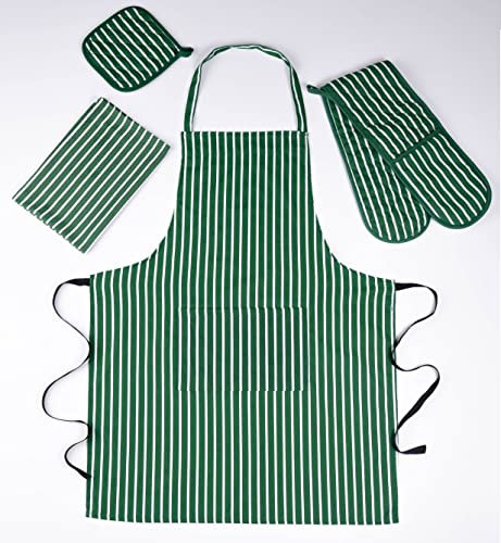 Double Oven Gloves Set with Apron Heat Resistant Oven Mitts for Home Kitchen Baking and Cooking, Butchers Stripe Pot Pan Tray Double Oven Gloves Set (Green)