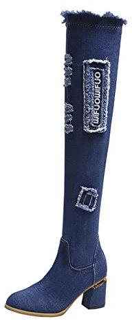 Damen Overknee Jeans Stiefel Blockabsatz Denim Langschaft Stiefel mit Cut Out und Reißverschluss Herbst Winterschuhe Damen Overknee Stiefel High Heels Sretch Boots Vintage Denim Langschaftstiefel