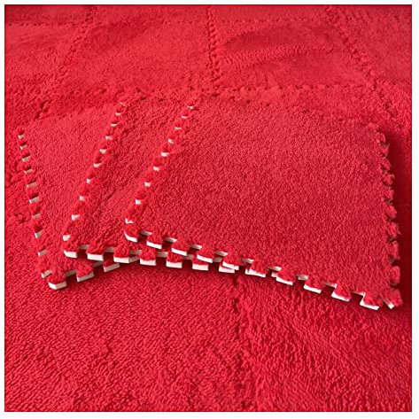 12 Stück Ineinandergreifende Teppichfliesen, Quadratisches Plüsch-Schaumstoff-Fußmatten-Set, Puzzle-Bodenmatte Für Wohnzimmer, Schlafzimmer, 12 Fliesen/12 Sq.Ft(Color:Rot)