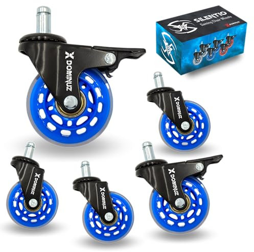 XDominuz Gaming Chair Casters with Brake, 5 Blue Silicone Wheels, Stem Mount, Load Capacity 300 kg, Multi-Surface, Includes 2 with Brake, For Office and Gaming Chairs