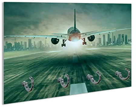 Wallario Schlüsselbrett aus Glas 30 x 20 cm, Wand Schlüsselhalter mit 4 Haken, Motiv: Startendes Flugzeug - Landebahn