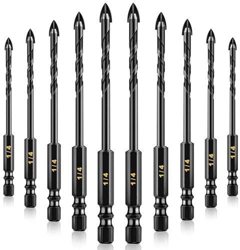 AVERZELLA Masonry Drill Bit Set 1/4 inch Hex Shank 10 PCS, 4-Cross Edge 1/4 in.6mm Concrete & Carbide Drill Bits,Hex Drill Bits for Metal Glass Tile Wood Brick Ceramic Plastic Marble Cement