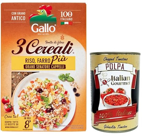Italian Gourmet 3 Cereali Riso Farro Grano 1 x 400g Mischung für Risotto | Con Senatore Cappelli, Weizen und Dinkel, ideale per zuppe, Suppen und, Gesamtnettogewicht 400 g + Kostenlos Polpa 400g