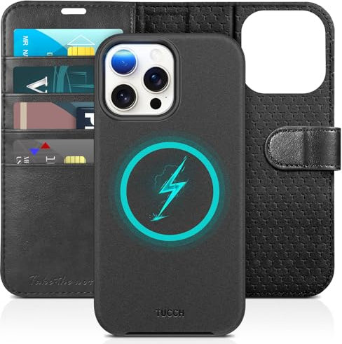 TUCCH Hülle für iPhone 15 Pro Max, [Abnehmbar] 2-IN-1 Magnet Klapphülle [Kabelloses Laden] [Kartenfach] Handyhülle RFID Blocker Cover Kompatibel mit iPhone 15 Pro Max 5G 2023(6,7 Zoll), Tiefschwarz