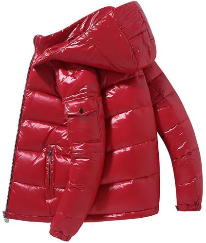 Herren schwere gesteppte glänzende Daunenjacken Performance Hooded Puffer Mäntel, rot, M