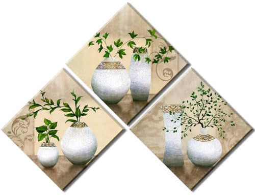 Piy Painting 3 Pièces Impression sur Toile, Plantes Vertes dans Un Vase, Tableau sur Toile - Déco Muraux Modernes 30x30cm Tableau Décoration pour Salon Chambre, Encadré