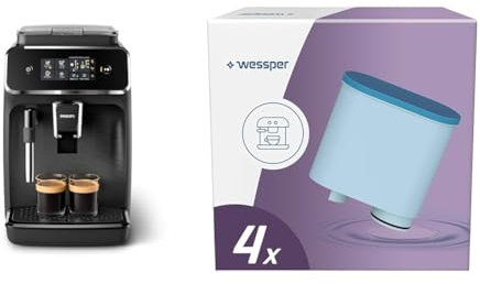 Philips Series 2200 Vollautomatische Espressomaschine mit klassischem Milchaufschäumer & Wessper Wasserfilter Kartuschen Kompatibel mit Saeco und Philips Kaffeemaschine- 4er Pack
