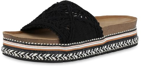 VAN HILL Damen Pantoletten Plateau Ethno Look Trendy Schuhe 214475 Schwarz Korkoptik 39