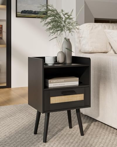 HEYZOEY Bedside Tables,End Table,Rattan Bedside Tables, Side Table with Hand Made Rattan Decorated Drawers,Wood Accent Nightstand with Storage for Bedroom、Living Room (Black)