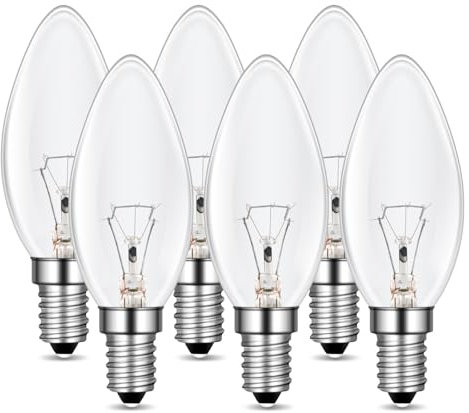 E14 Kerze Lampe Dimmbar, C35 Klar Glas Birne, 2700K Warmweiß, 600 Lumen, Kerzeform, AC 230V, E14 Kerzenlampen, für Kristall Licht, Kronleuchter, Wandlampe, Leuchter, Schreibtischlampe, 6 Stück