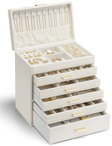 Vlando Grande boîte à bijoux moderne à 6 niveaux - Boîte à bijoux spacieuse pour femme - Pour boucles d'oreilles, bagues, bijoux - Avec tiroirs, miroir, coussin de montre - Cadeau pour femme