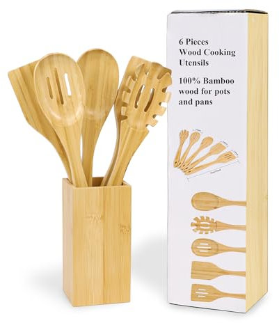 Küchenhelfer set- 6 Teiliges -Holzlöffel- Holzkochlöffel Set -Kochbesteck Set- Holz löffel von natürlichen Bambus-Kochutensilien Holzspatel, bequemer Griff, Holzküchenutensilien
