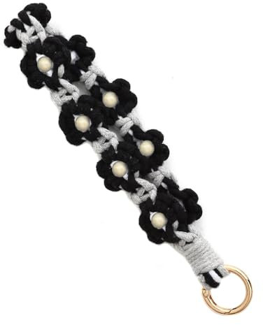 FFWTPY Schlüsselanhänger Band Geflochtener Schlüsselbund Kurzer Schlüsselkette Holzperlen Blume Herz Gänseblümchen Geburtstag Frauentagsgeschenk für Mädchen an Damen (Grau und Schwarz)