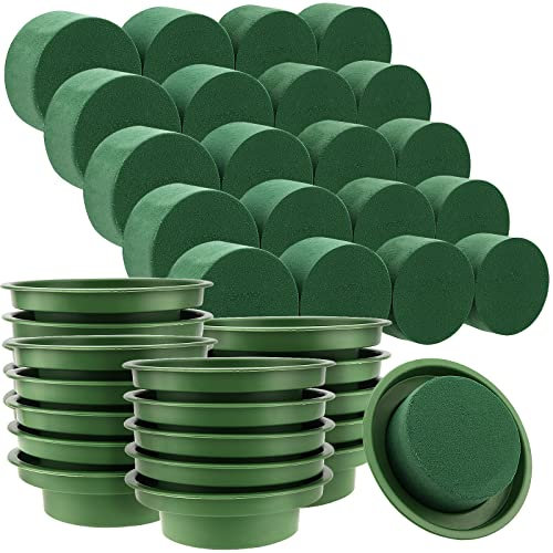 JEUIHAU 20 PCS Floral Foam Bowl and Tray Set, 12cm Round Foam Block with Container for Flower Arrangements, Wedding, DIY Craft Supplies