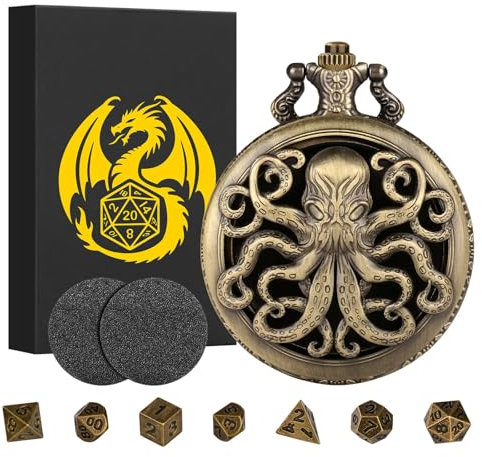 Mini DND Würfel Set, Steampunk Bronze Hohles Oktopus Taschenuhrgehäuse, 7-teiliges Polyedrisches Metall, D&D Würfel Set, DND Geschenke mit Geschenkbox, Rollenspiel Brettspiel Zubehör Würfel