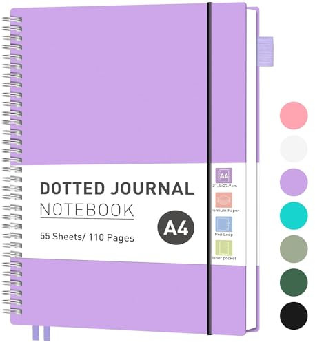 RETTACY Notizbuch A4 Gepunktetes, Bullet Dot Journal, Leichtgewicht Collegeblock, 55 Blatt / 110 Seiten Zum Schreiben, 100gsm, PVC Rinbuch, für Frauen Männer Arbeit Büro, 21,5 x 27,9cm - Lila