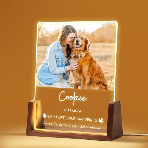 NIBESSER Personalisiert Gedenktafel für Haustiere Erinnerung LED Acrylglas mit Foto Hundandenken Geschenke Foto Nachtlampe Haustier Bilderrahmen für Katze und andere Haustiere Tiere