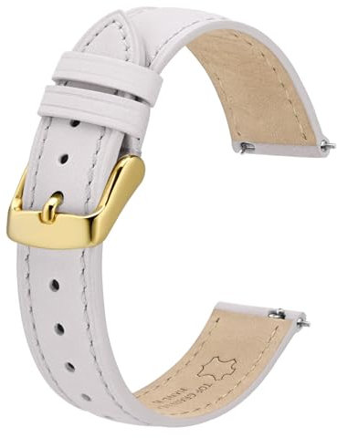 BISONSTRAP Elegante Leder Uhrenarmband, Schnellverschluss, Uhrenarmbänder für Damen und Herren, Kompatibel mit Uhrenanstößen von 12mm, Weiß (Goldene Schnalle)