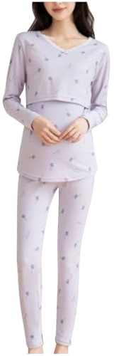 SYDUZAX Ensemble Pyjama Femme 2 Pièces Maternité Vêtements Allaitement Grossesse Manche Longue Col V et Pantalon Ensemble de Nuit Imprimé Loungewear Costume Vêtements D'Intérieur Grande Taille