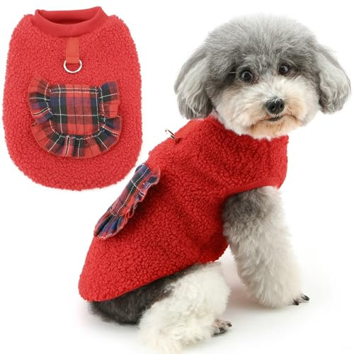 Zunea Sherpa-Fleece-Hundepullover für kleine Hunde, warmer Weihnachtspullover mit D-Ring, weicher Pullover, Welpenkleidung, Kaltwetterjacke, Mantel mit karierter Tasche, Größe XS/S, Größe XS, S, Rot