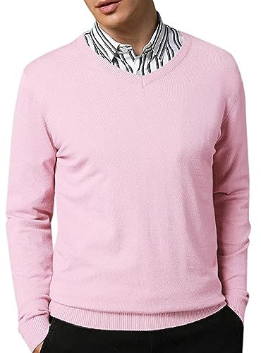 Faonkeew Pull en tricot pour homme - Col en V - Pull d'hiver pour homme - Manches longues - Pull de travail - Coupe ajustée - Décontracté, Rose, L