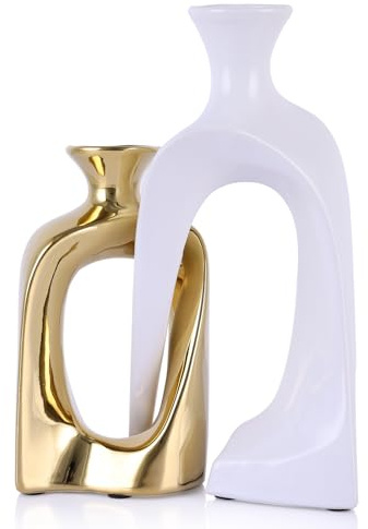 PlivBloom Weiße und goldene Keramikvasen, moderne Boho-Vase, einzigartige Donut-Vase für Couchtisch, Tischdekoration