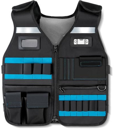 AGONEIR Gilet de travail pour homme, noir, organisation d'outils avec rangement, design respirant pour électriciens professionnels, bricoleurs et ouvriers du bâtiment