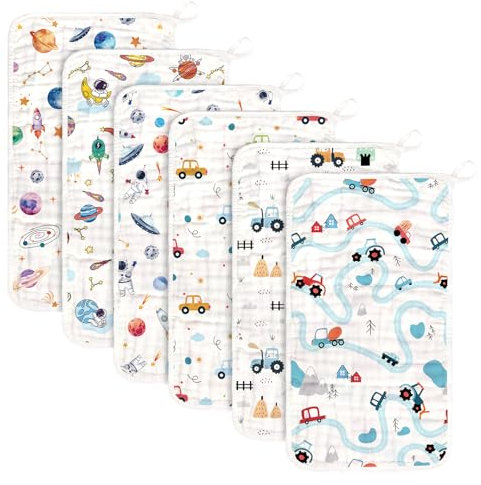decalsweet 6 Stück Spucktücher Baby aus 100% Baumwolle, 50x30cm, Moltontücher Baby Weich Atmungsaktiv und Saugfähig, Mulltücher, Baumwollwindeln für Neugeborenen, Geschenk (Auto-Astronaut)