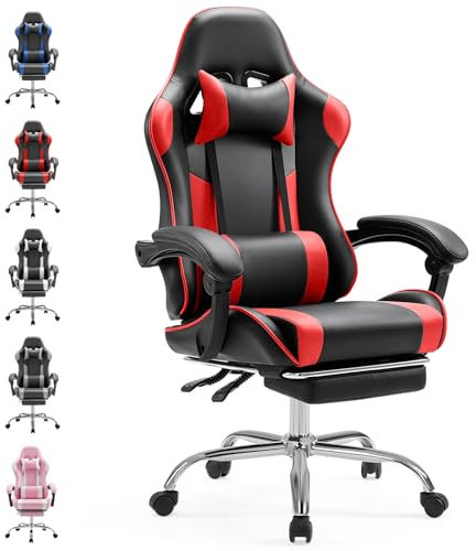 Sweetcrispy Chaise De Bureau pour Jeux Vidéo, Ergonomique avec Repose-Pieds, Soutien Lombaire, PU Cuir, Accoudoirs Fixes, Réglable en Hauteur, Rotation À 360°, pour Adultes, Rouge