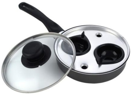 Easy Shopping® 2 Cup Egg Poacher Pan Non Stick Egg Poaching Pan Aluminium Poached Egg Maker, 20cm with Glass Lid and Grip Black Handle
