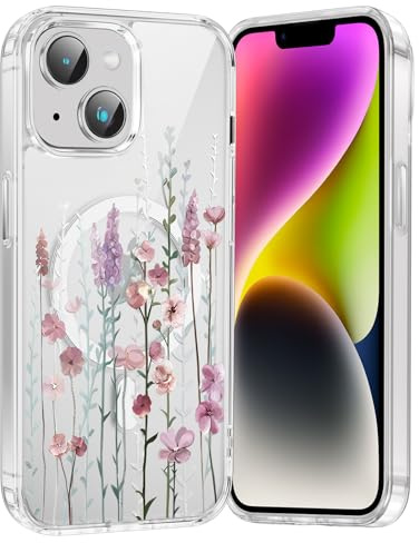 Saqmkil Handyhülle für iPhone 13 mini Hülle für Magsafe mit Blumen Muster | Aesthetic Bunt Motiv Mädchen Magnetische Case, Transparent Weich Silikon Dünn TPU Stoßfeste Schutzhülle Cover 5,4 01