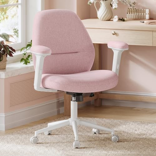 SONGMICS Schreibtischstuhl, Schminkstuhl, Bürostuhl, Drehstuhl gepolstert, höhenverstellbar, Armlehnen, Wippfunktion, für Büro, Homeoffice, Jugendliche, pastellrosa OBG035R01