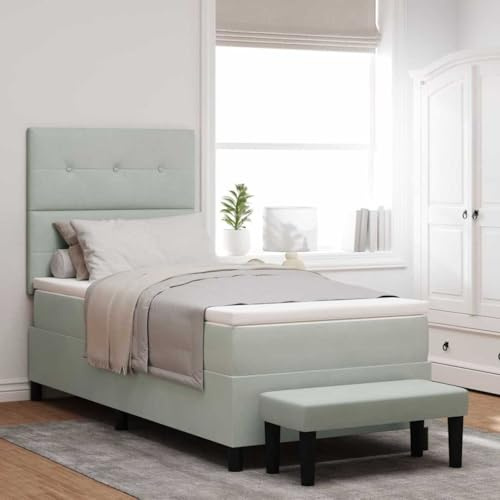 vidaXL Boxspringbett mit Samtmatratze & Bank Hellgrau 90X190 cm | Trendiger Chesterfield-Stil | Fleckenresistente Stoffoberfläche | Kommt mit leichtem Montagewerkzeug für Schlafzimmermöbel