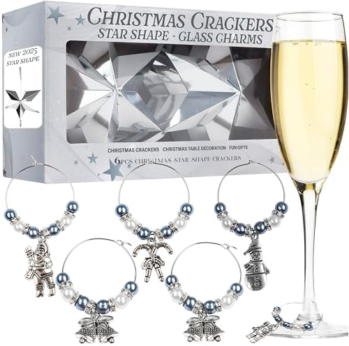 KreativeKraft Luxury Christmas Crackers, 6 Pack Deluxe Xmas Crackers, Wine Glass Charms & Festive Glass Markers, Fun Novelty Xmas & Party Table Decor (Silver Star)