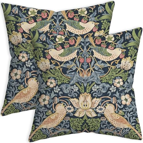 SCQIUSYA William Morris Kissenbezüge, Erdbeerdieb, Boho-bedruckt, Vintage-Kissen, bequem, langlebig, Morris-Garten-Kissenbezüge für Bett, Sofa, Couch, 45,7 x 45,7 cm, 2 Stück