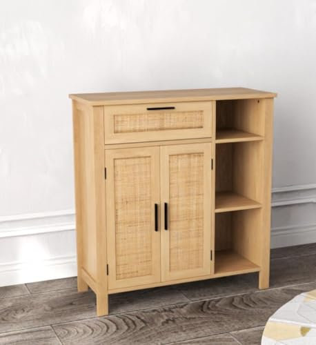 KOMFOTTEU Buffet Bas avec 2 Portes en Rotin, Meuble Rangement de Cuisine, 3 Niveaux d’Étagères & 1 Tiroir, Armoire de Salle à Manger, 2 Dispositifs Anti-basculement, 75 x 30 x 80 cm, Naturel