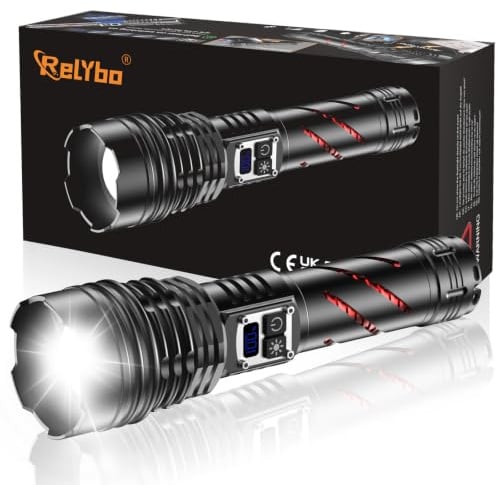 Relybo Led Taschenlampe Extrem Hell 1,000,000 LM - 60W Starke Taschenlampe | 1600m Reichweite Taschenlampe Led Aufladbar, 4 Modi, Stufenlos Dimmbar, Wasserdicht Für Outdoor Camping Wandern Notfälle