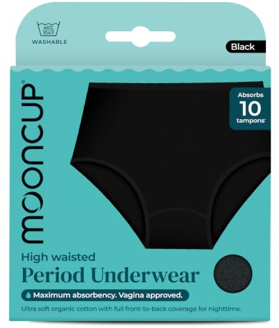 Mooncup Slip Menstruali Vita Alta, Assorbono Fino a 10 Assorbenti Interni, Lavabili in Lavatrice, M - UK Size 12, Nero (Confezione da 1)