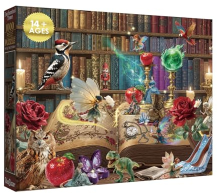 Magic Book Puzzles for Adults 1000 Pieces Fun, Colorful Library Cute Bird Vintage Art Jigsaw Puzzles, Challenging Fairy Cartoon Rose Fantasy Puzzle