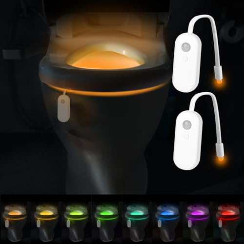LAVAED 2 Pack Motion Sensor Night Light Indoor,Waterproof Toilet Lights Inside, 8 Colors Changing LED Toilet Bowl Light Rechargeable Potty Training Bathroom Seat Light Christmas Gifts