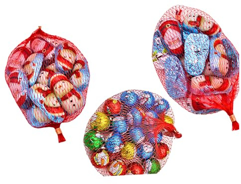 Chocolate Santa, Christmas Chocolate Snow Men And Balls In Nets - Individually Foiled Milk Choc Gift Pack - Novelty Stocking Fillers Kids Men Women - Secret Santa Gift - Pack Of 3 x 100g Each