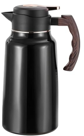 Bqkroa 2L Edelstahl Thermoskanne: Schwarz Edelstahl Doppelwandige Isolierkanne mit Deckel, Edelstah Isolierkanne mit Holzoptik Griff, Vakuumisolierung Kaffeekanne für Kaffee, Tee, Wasser, Heiß, Kalt