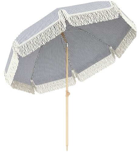 Outsunny 1.7 m Beach Umbrella with Sand Anchor, 30° Tilting Fringed Beach Garden Parasol with Adjustable Height, for Outdoor, Patio, Blue