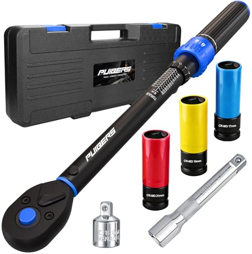 PUIBERS 1/2 Drive Torque Wrench Set, 20-230 Nm, ±3% Accuracy, 72-Tooth Dual-Direction Click Ratchet, with 17/19/21 mm Sockets, 125 mm Extension Bar, 3/8 Adapter, Case and Calibration Certificate