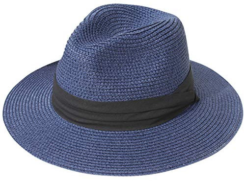 Lanzom Chapeau de plage Fedora à large bord en paille, UPF50+, Panama pour femme, bleu, M (taille unique)