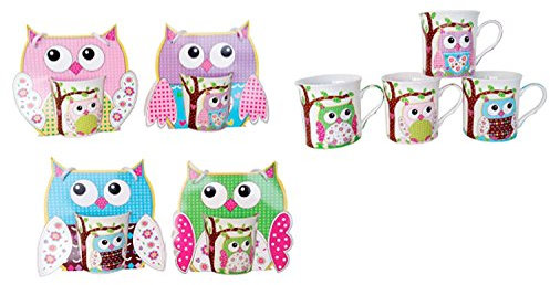 Lote de 4 Tazas Búhos Presentada En Original Bolsa De Regalo (Precio Unitario). Detalles Bodas, Comuniones Originales Tazas Cumpleaños Infantiles, Niños y Niñas