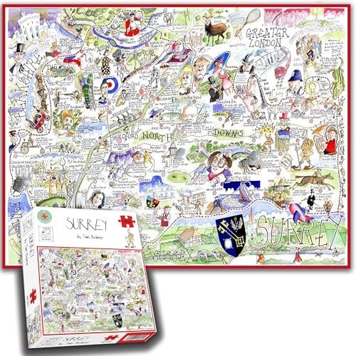 Comical Map Age 12+ Of Surrey By Tim Bulmer - 1000 Piece Puzzle For Adults, Large Puzzle 66cm X 50cm In Size. Challenging To Complete But Fun And Humorous