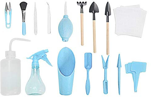 Seully Outils de Plantation,Mini Ensemble D'outils de Jardinage à la Maison, Empotage de Cactus Plante D'intérieur Bonsaï Soins de Jardinage,Accessoires pour Outils de Jardinage,Bleu,16 Pièces
