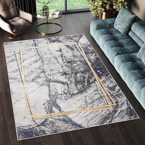 TAPISO Shine Teppich Kurzflor Dunkelgrau Hellgrau Goldene Linien Rahmen Wohnzimmer Schlafzimmer 3D Optik Modern Design ÖKOTEX 80 x 150 cm